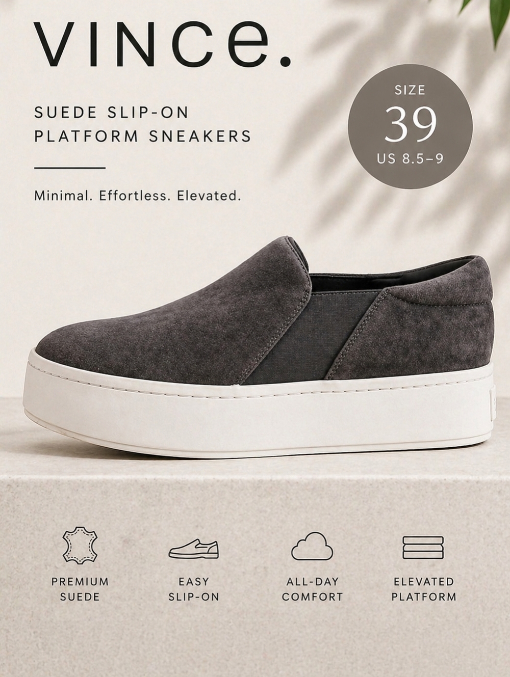 VINCE Gray Suede Platform Slip-On Sneakers Sz 39 (US 8.5–9) Minimal Luxe Casual - Picture 1 of 15
